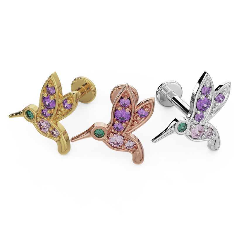 Hummingbird 14K gold flat back labret in yellow, rose, and white gold side-by-side color comparison