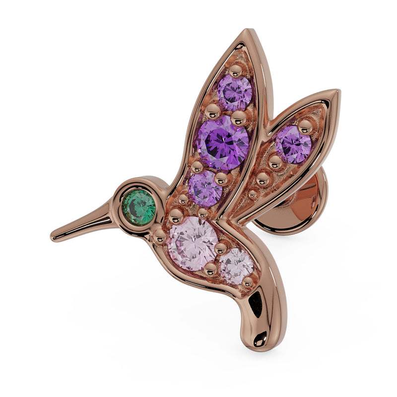 14K rose gold hummingbird flat back labret with amethyst, pink sapphire, and emerald gems, angled view