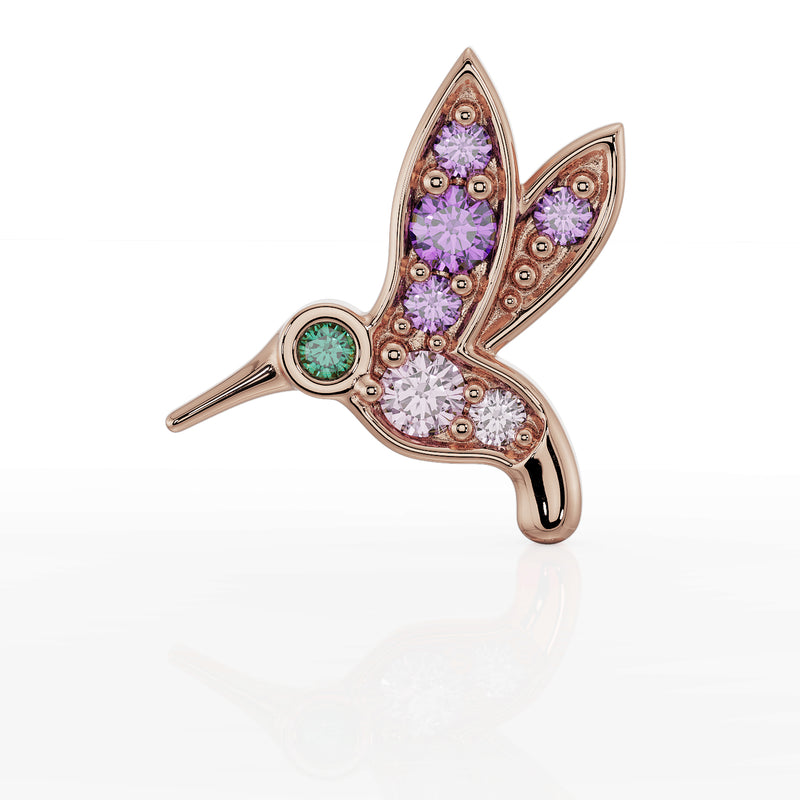 14K rose gold hummingbird flat back earring front view with amethyst and pink sapphire gems and reflection