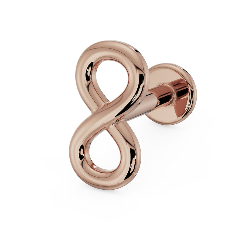14K rose gold infinity symbol flat back labret, angled side view with flat disc backing visible