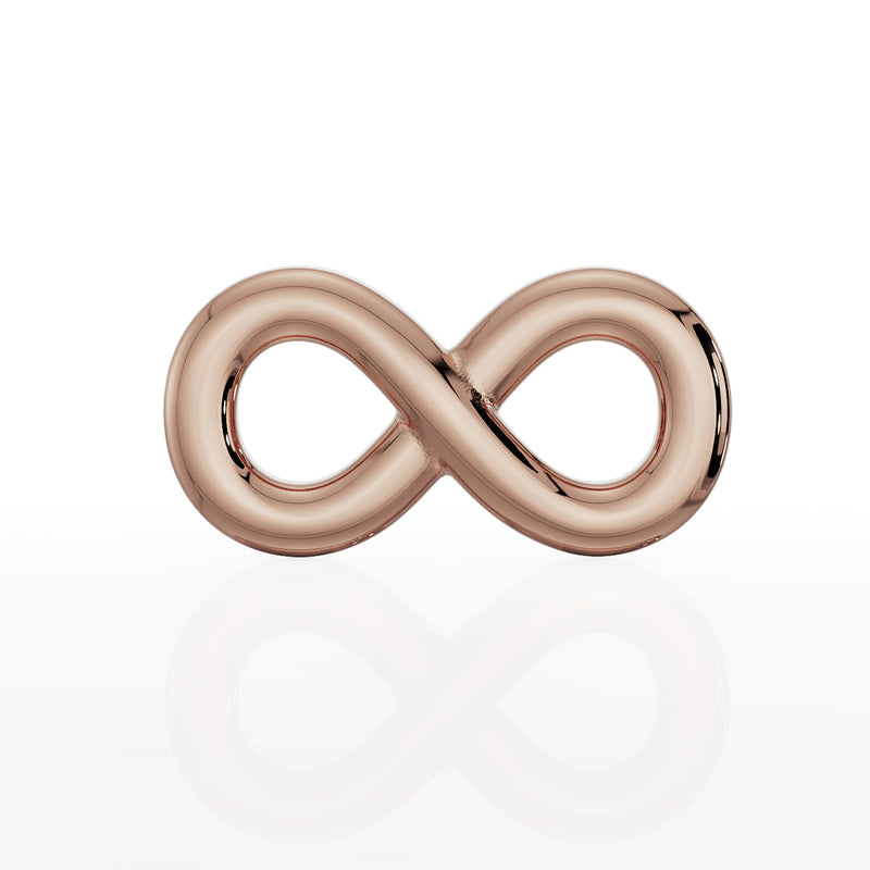 14K rose gold infinity symbol flat back earring, front view showing polished finish with reflection