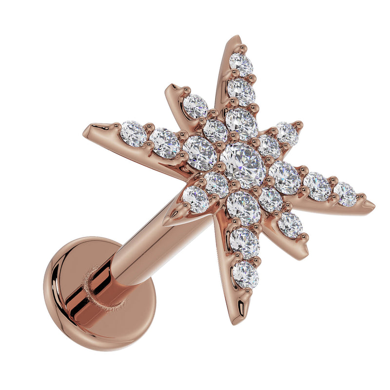 14K rose gold north star diamond labret, low side angle showing flat back post and disc clearly