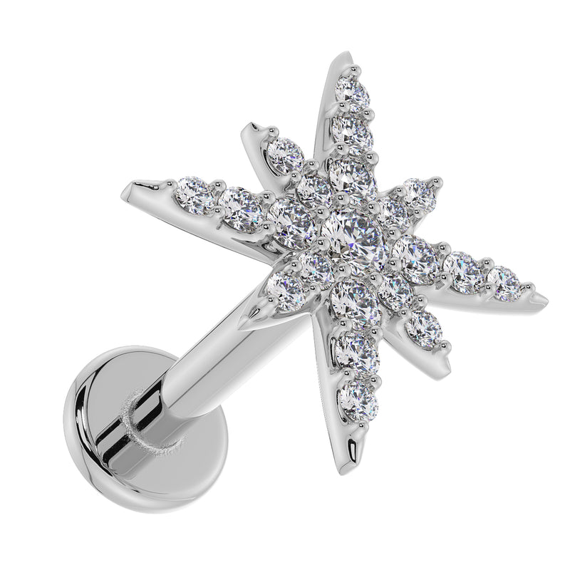 14K white gold north star diamond labret, low side angle showing flat back post and disc clearly