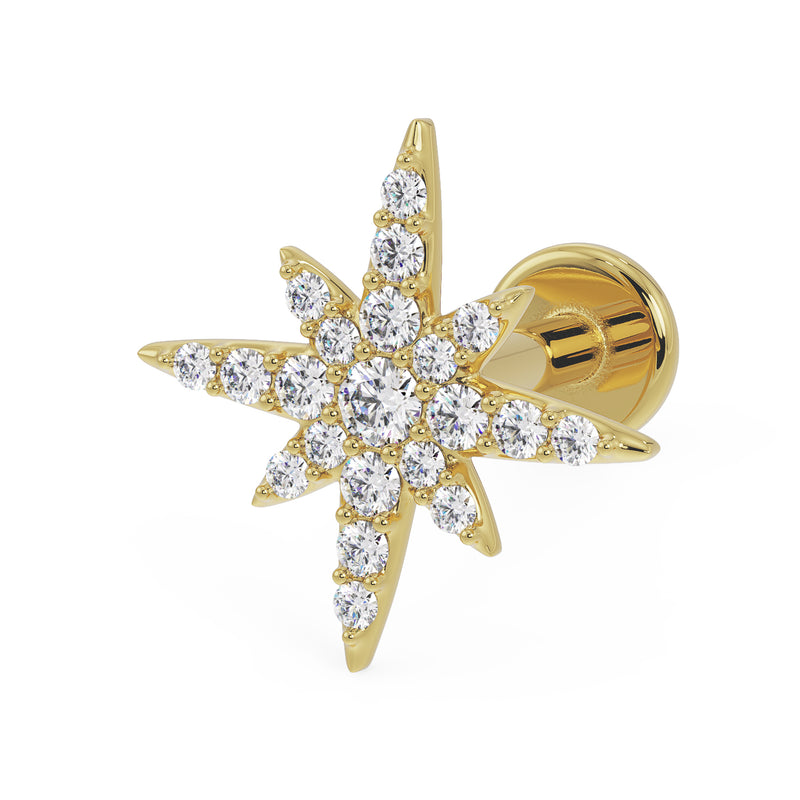 14K yellow gold north star diamond flat back earring, angled view showing post and flat disc backing