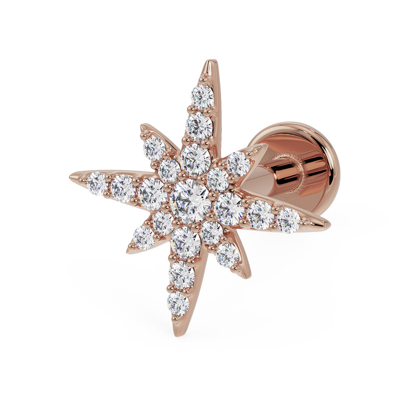 14K rose gold north star diamond flat back earring, angled view showing post and flat disc backing