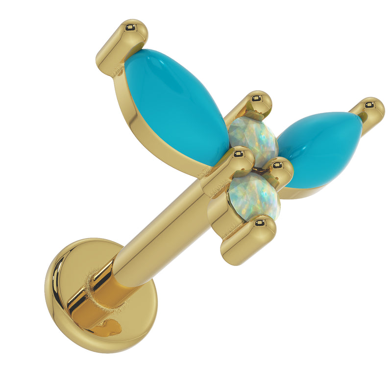 Top-down angled view of 14K yellow gold firefly labret showing post length and turquoise opal end detail