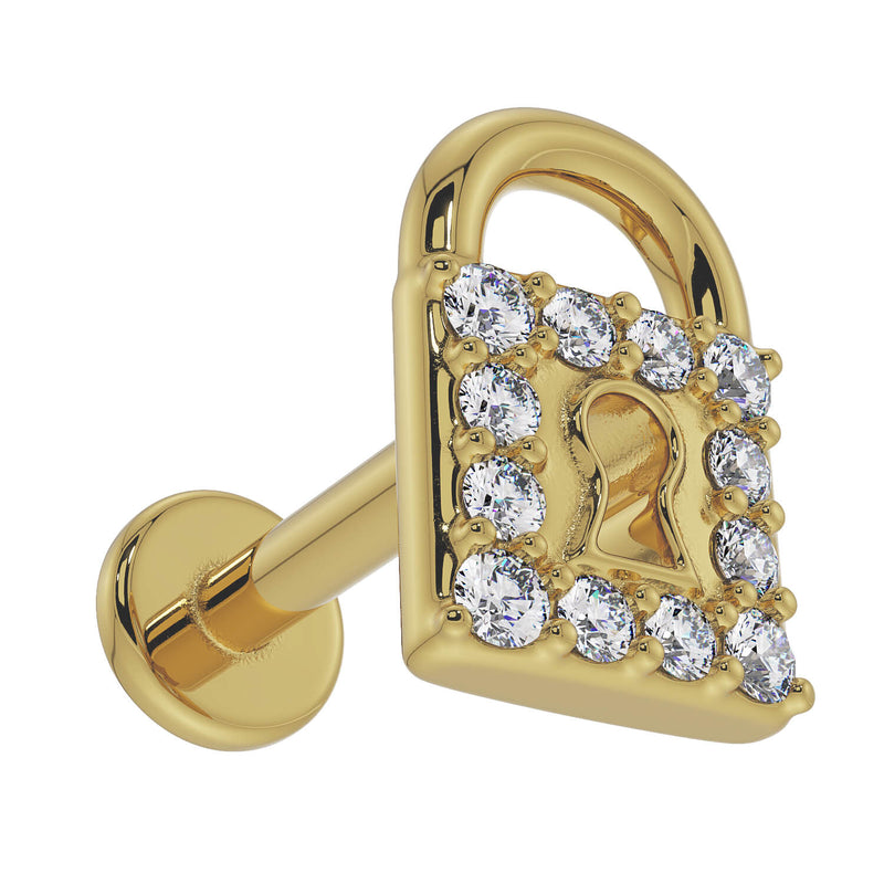 Side profile of 14k yellow gold diamond lock flat back labret showing post length and flat disc backing