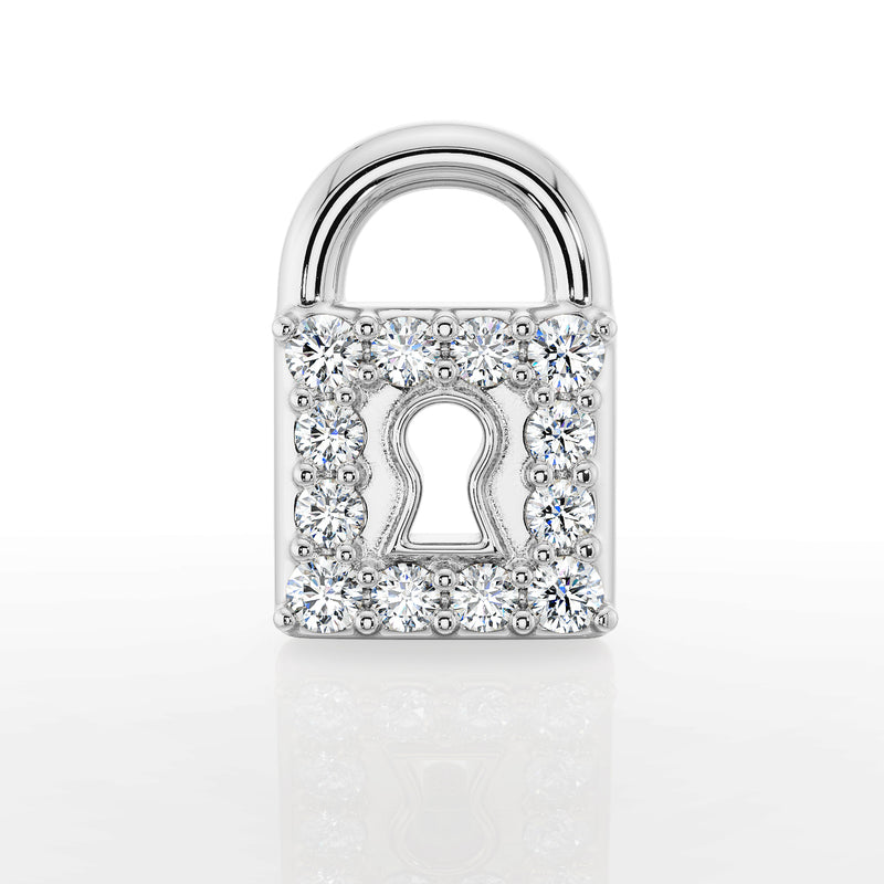 Close-up front view of 14k white gold diamond lock earring top, highlighting 12 pave diamonds and keyhole