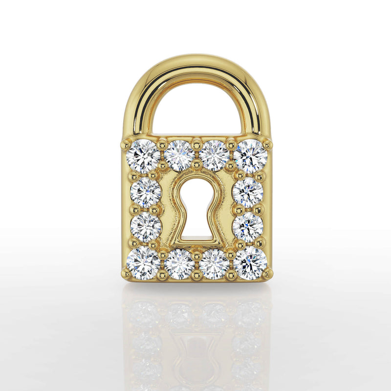 Close-up front view of 14k yellow gold diamond lock earring top, showing all 12 diamonds and keyhole detail