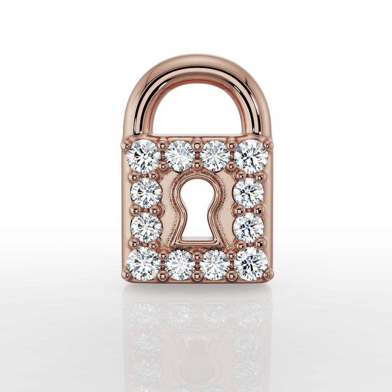Close-up front view of 14k rose gold diamond lock earring top, showcasing 12 pave diamonds and keyhole