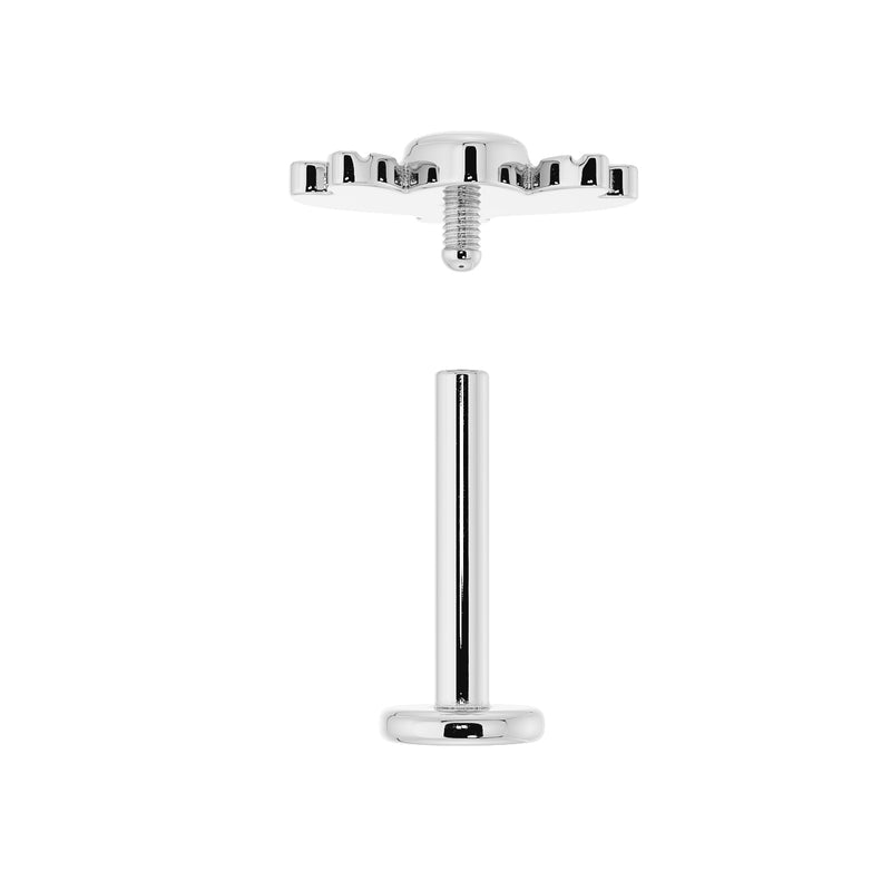 14K white gold bee flat back labret shown disassembled, displaying threaded post and flat disc backing