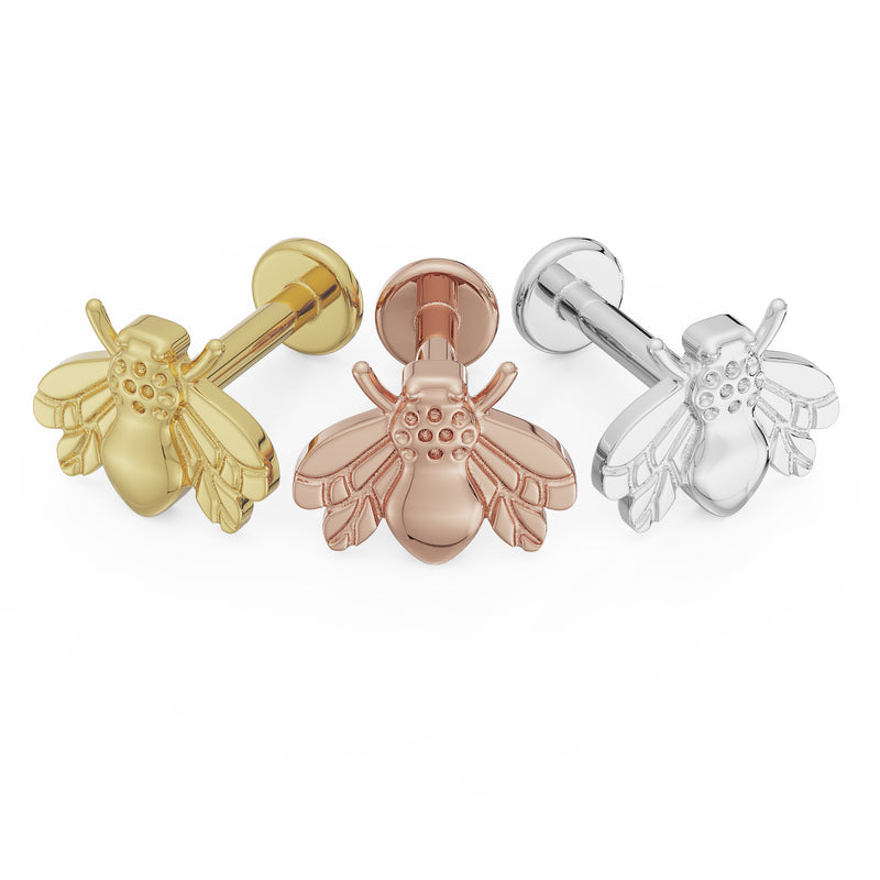 Bee flat back cartilage earring in all three 14K gold tones: yellow, rose, and white gold, front view