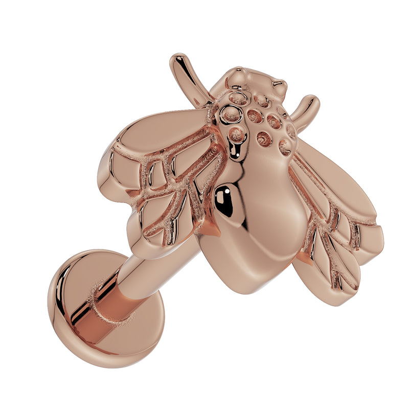 14K rose gold bee flat back labret, overhead angled view highlighting warm tone and engraved wings