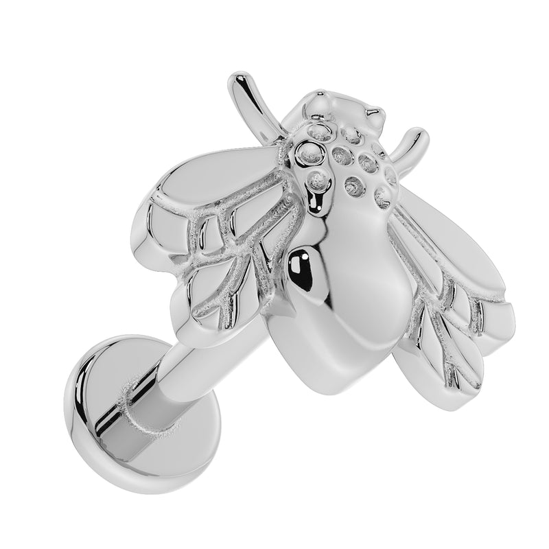 14K white gold bee flat back labret, overhead angled view showing wing detail and flat disc backing