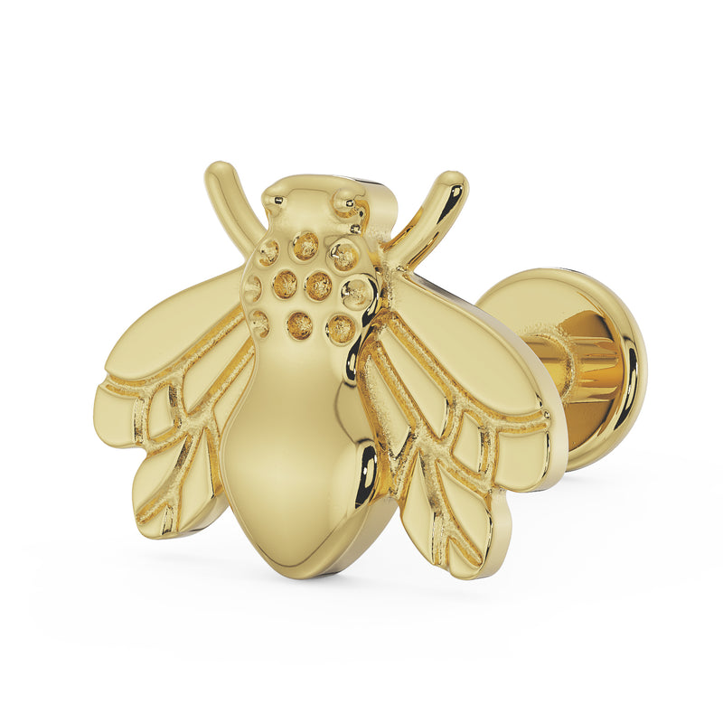 14K yellow gold bee flat back earring, angled view showing engraved wing detail and flat disc backing