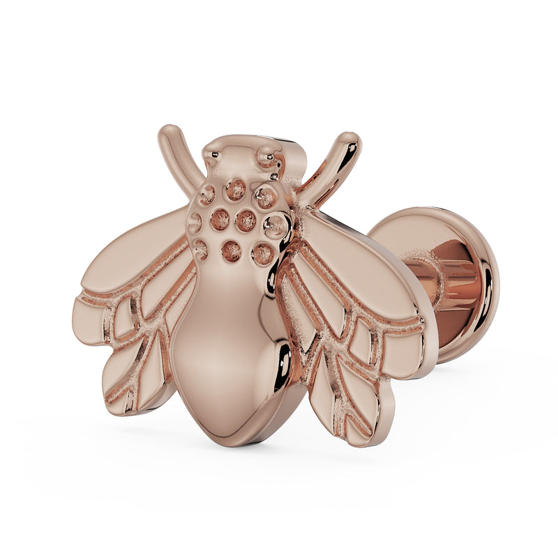 14K rose gold bee flat back earring, angled view showing textured thorax and engraved wing detail