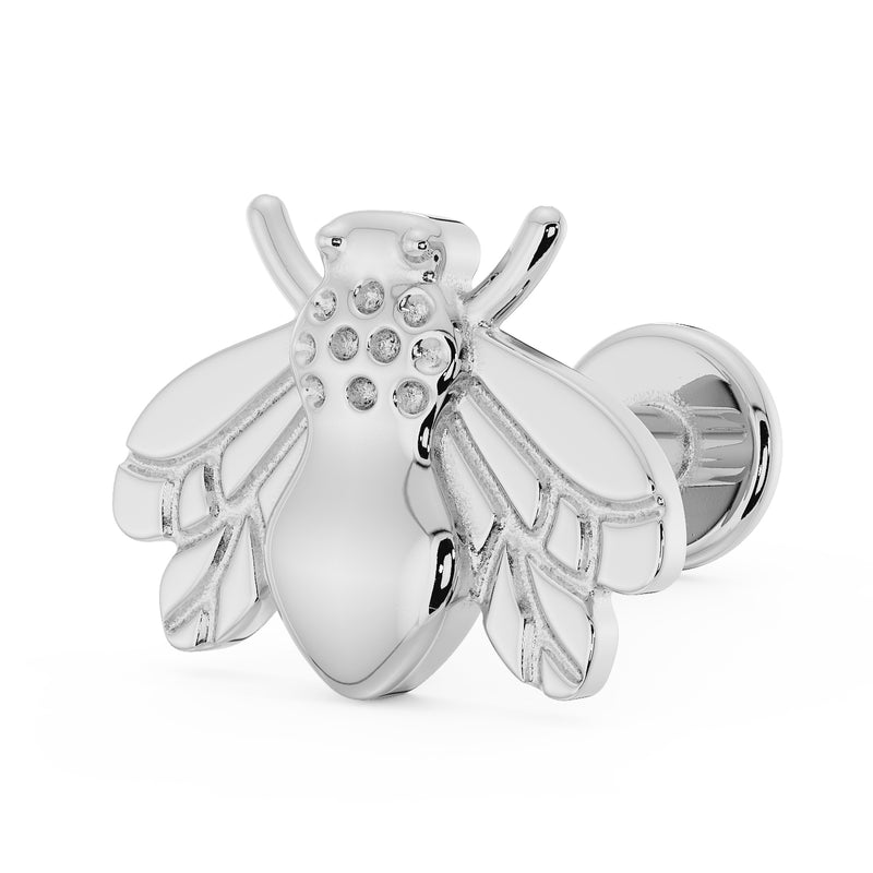14K white gold bee flat back earring, angled product shot highlighting engraved wings and flat backing