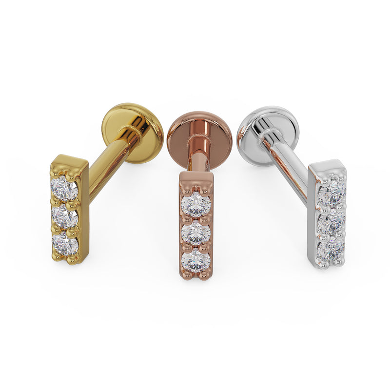Trinity diamond bar flat back earring in all three metal options: 14k yellow, rose, and white gold
