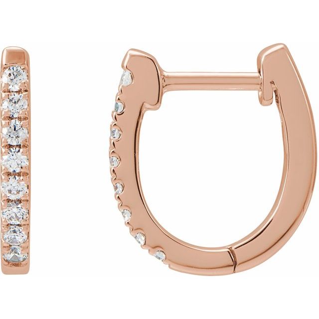 14k rose gold 13mm diamond huggie hoop earrings, front and side profile with prong-set white diamonds