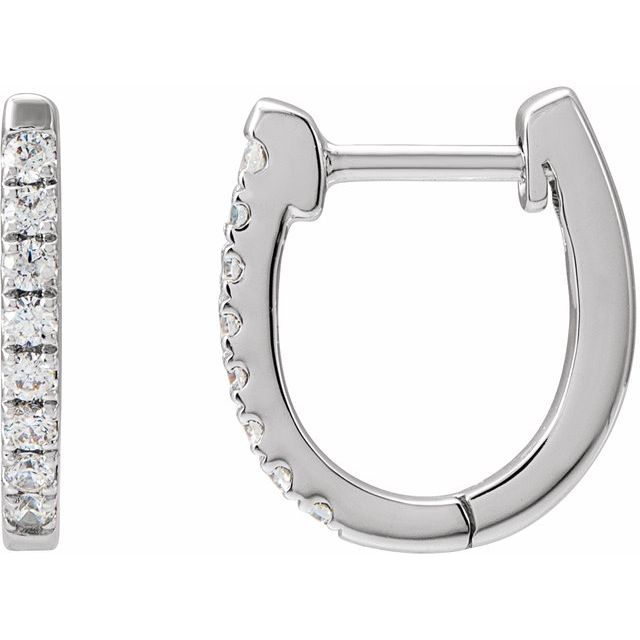 14k white gold diamond huggie hoop earrings shown from front and side profile, revealing slim 1.6mm thickness