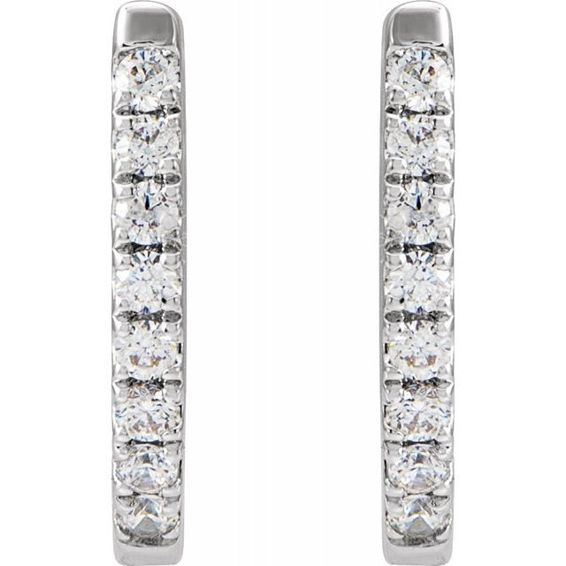 White gold diamond huggie hoops shown flat front view, highlighting full row of prong-set round diamonds