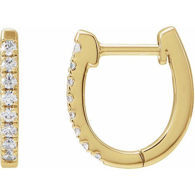 14k yellow gold 13mm diamond huggie hoop earrings, front and side profile showing diamond-set outer edge