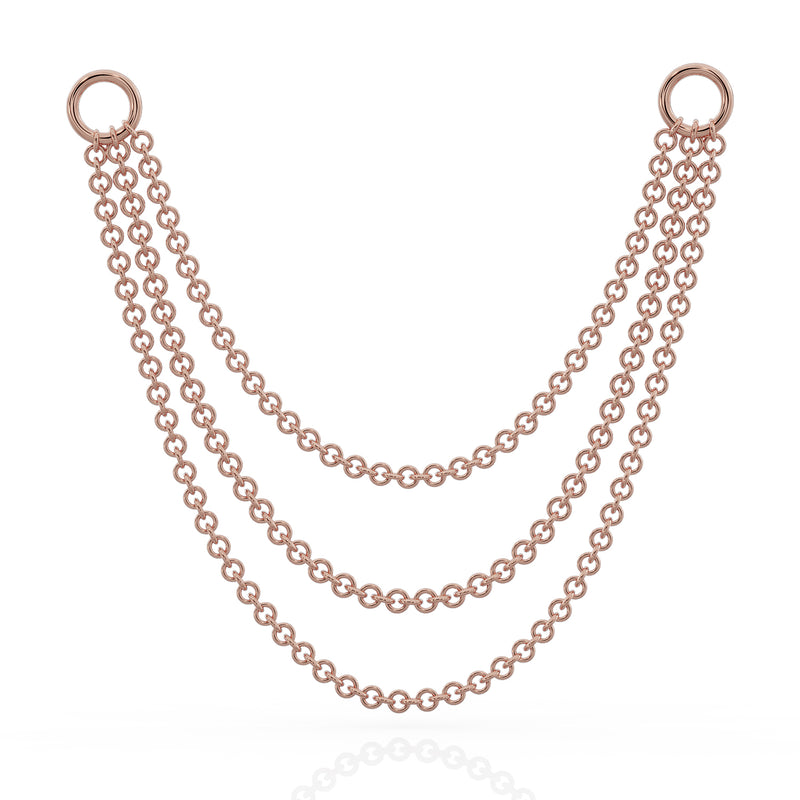 14k rose gold three-link piercing chain connector, 36mm, triple layered drape with ring clasps, front view
