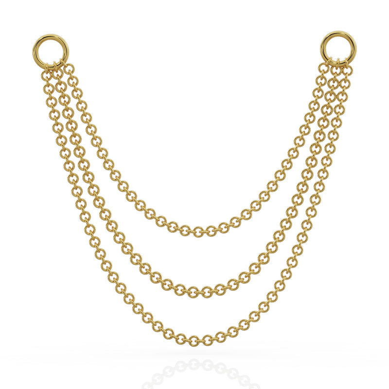 14k yellow gold three-link piercing chain connector, 36mm, triple drape with ring clasps, front view
