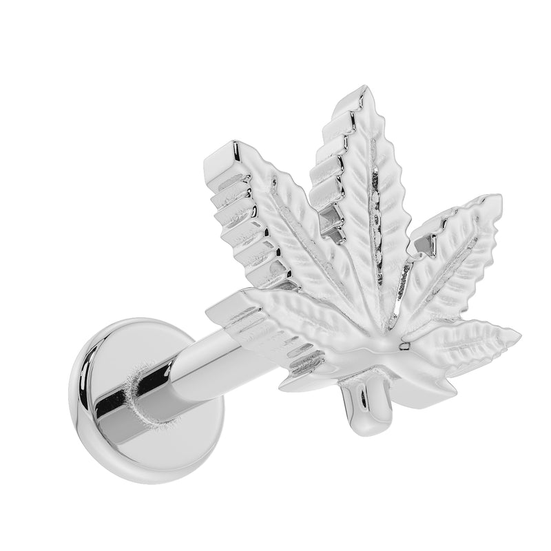14K white gold marijuana leaf flat back labret, angled view showing post and flat disc back with leaf charm