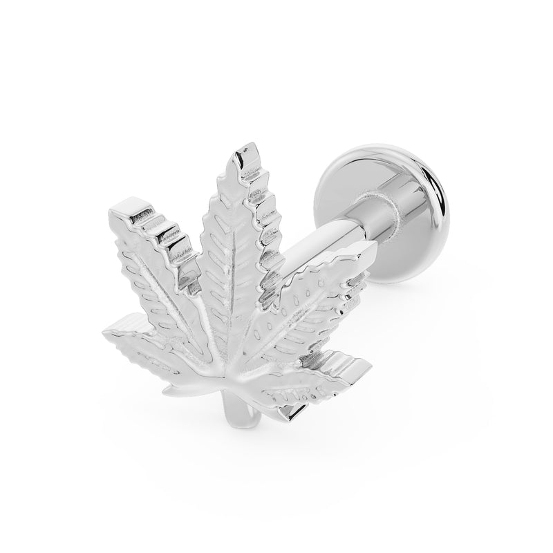 14K white gold marijuana leaf flat back labret, angled view highlighting engraved vein detail on leaf charm