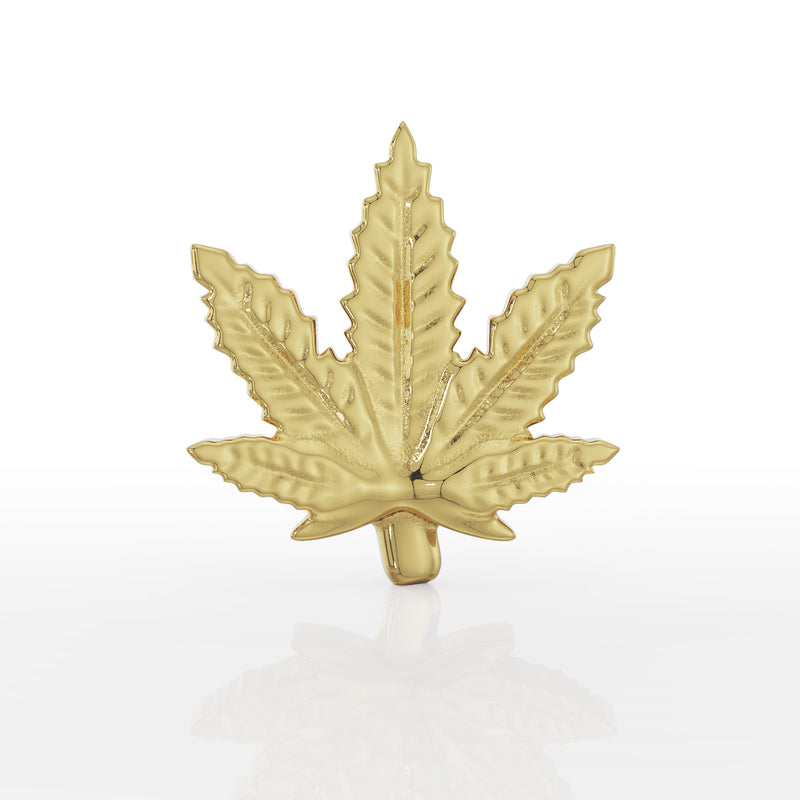 14K yellow gold pot leaf flat back charm, straight-on front view showing serrated leaf edges and vein detail