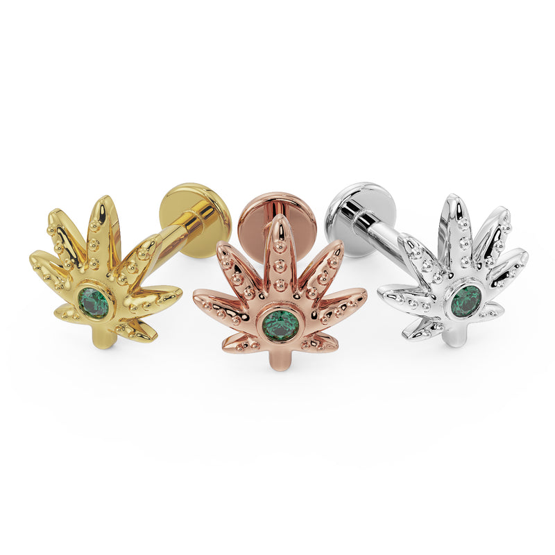 Emerald marijuana leaf flat back earring in all three metals: 14k yellow, rose, and white gold