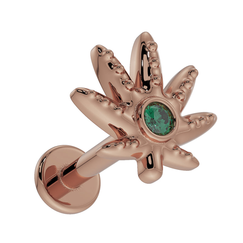 14k rose gold cannabis leaf flat back earring with emerald center, angled view showing post detail