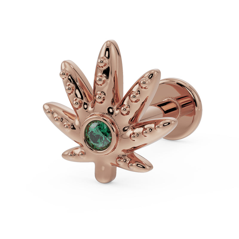 14k rose gold marijuana leaf flat back earring with bezel-set emerald, angled side view