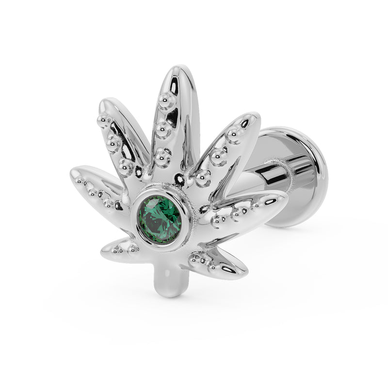 14k white gold cannabis leaf flat back earring with emerald, angled side view showing flat back disc