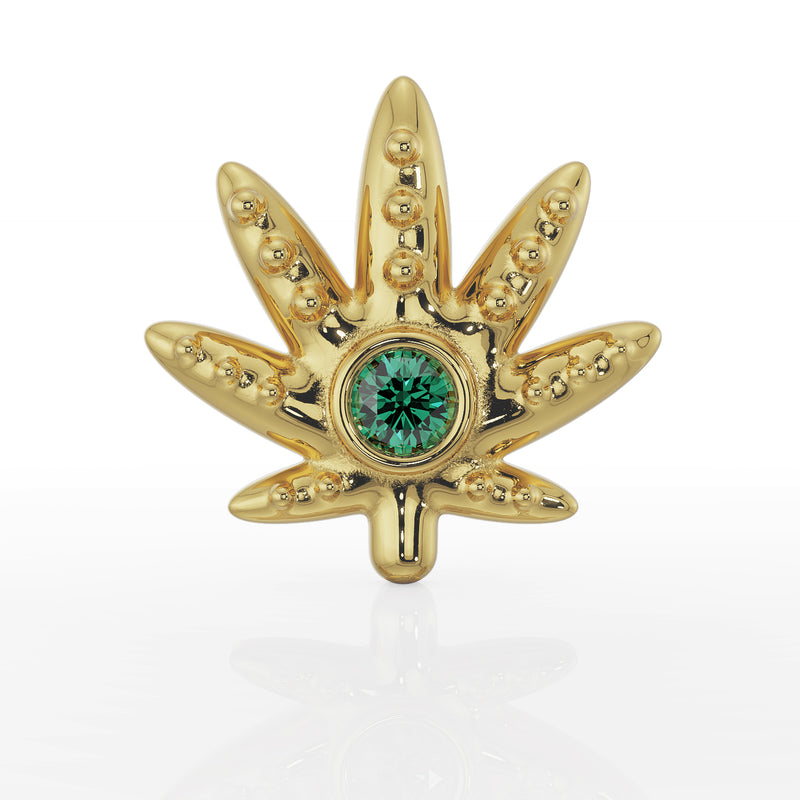 14k yellow gold cannabis leaf flat back earring, front view showing bezel-set emerald center
