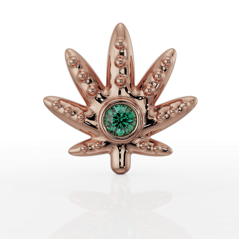 14k rose gold marijuana leaf flat back earring, straight-on front view with bezel-set emerald