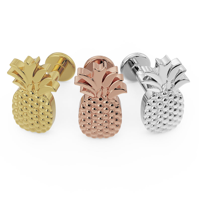 Pineapple flat back labret in all three metal options: 14K yellow gold, rose gold, and white gold, front view