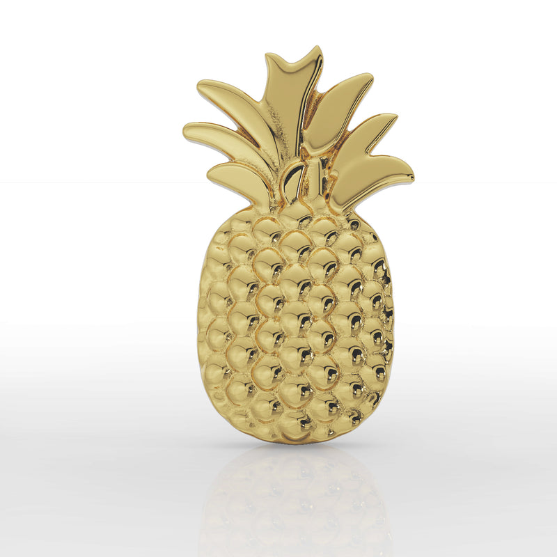 14K yellow gold pineapple labret top, front-facing close-up showing leaf crown and bumpy skin texture detail