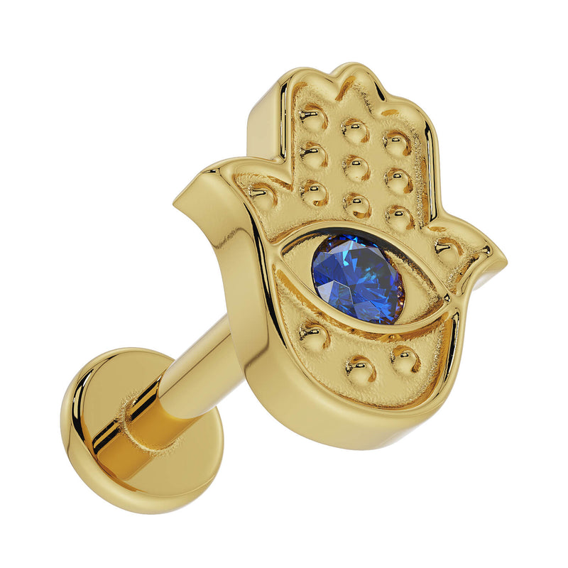 14k yellow gold hamsa evil eye flat back earring, left-facing angled view highlighting sapphire depth