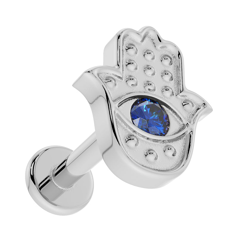 14k white gold hamsa evil eye flat back earring with sapphire, left-facing angled view showing depth