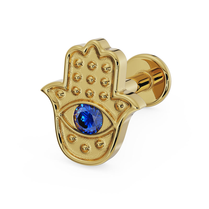 14k yellow gold hamsa evil eye flat back earring with sapphire, angled view showing post and flat back