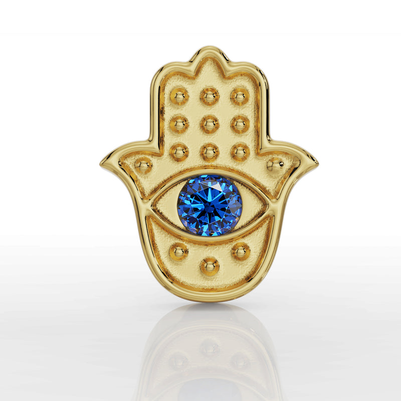 14k yellow gold hamsa evil eye flat back earring top, direct front view showing sapphire and bead texture