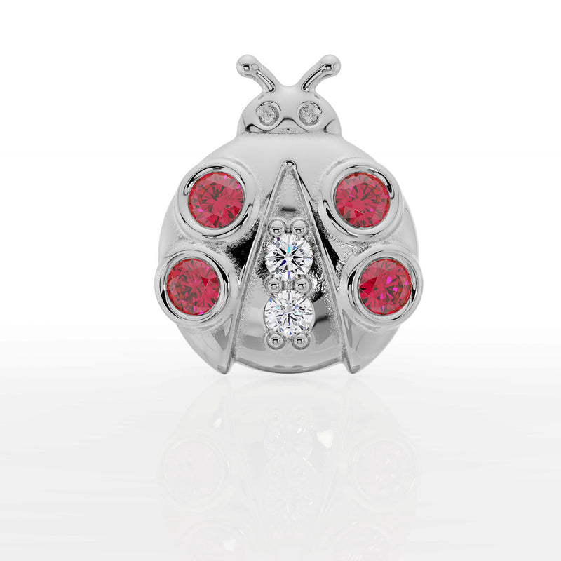 14K white gold ladybug flat back stud, straight-on front view showing four garnet spots and two center diamonds