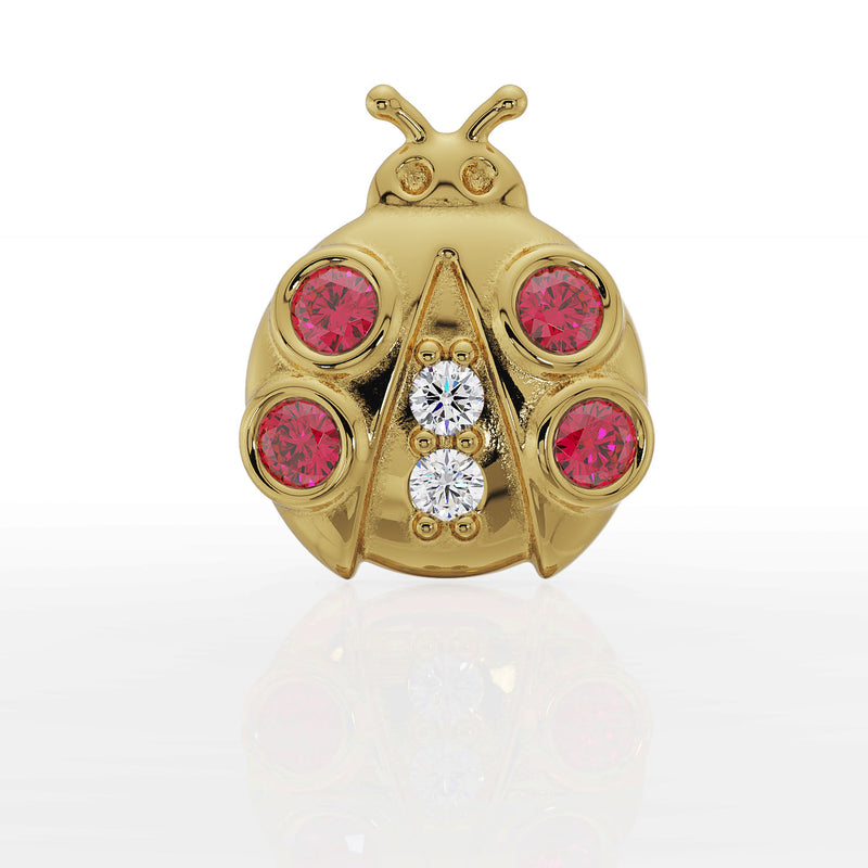 14K yellow gold ladybug flat back stud, straight-on front view highlighting garnet and diamond gemstone layout