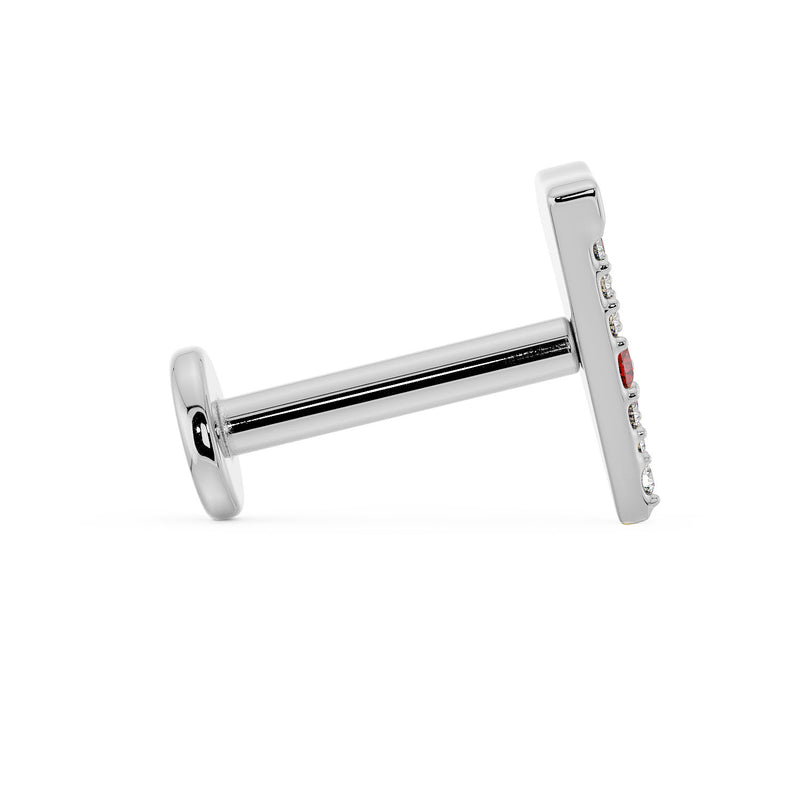 Side profile of 14K white gold pizza flat back labret showing low-profile post and flat disc backing