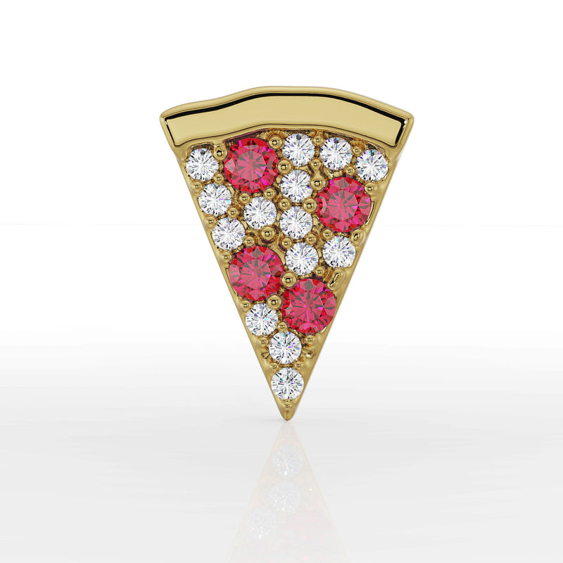 14K yellow gold pepperoni pizza labret top front view showing garnet and diamond stone detail