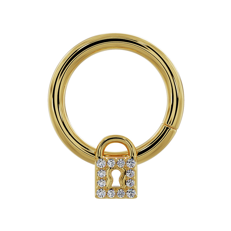 14k yellow gold diamond lock seam ring hoop, front view with padlock charm and keyhole detail