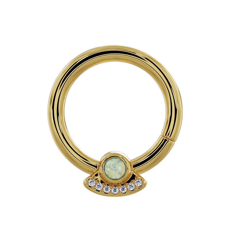 14K yellow gold UFO seam ring with white opal and seven diamonds, front view