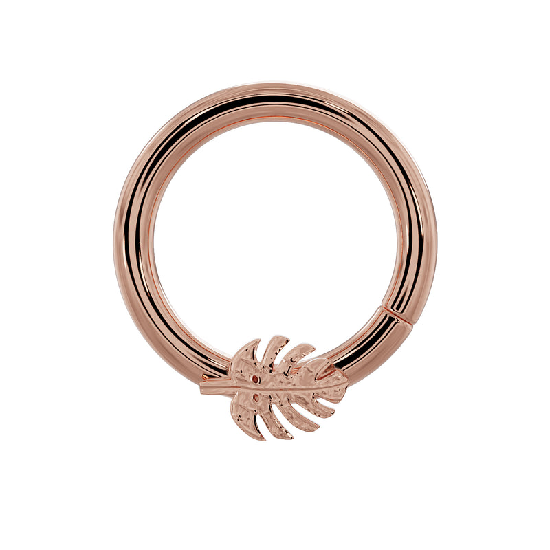 14K rose gold monstera leaf seam ring hoop, front view showing warm-toned leaf charm detail
